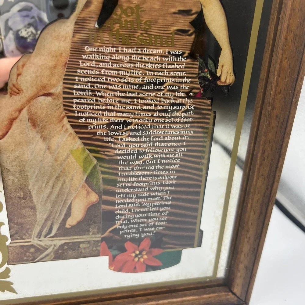 Vintage George Nathan Religious Footprints In The Sand Mirrored‎ Clock Untested